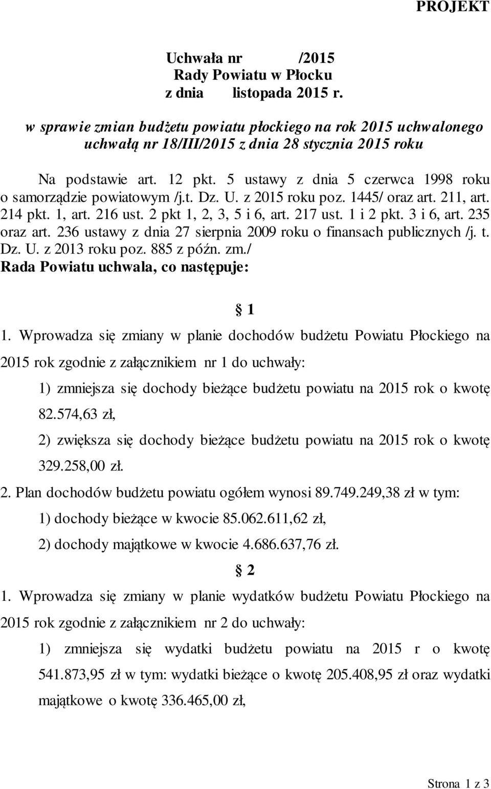 5 ustawy z dnia 5 czerwca 1998 roku o samorządzie powiatowym /j.t. Dz. U. z 2015 roku poz. 1445/ oraz art. 211, art. 214 pkt. 1, art. 216 ust. 2 pkt 1, 2, 3, 5 i 6, art. 217 ust. 1 i 2 pkt.