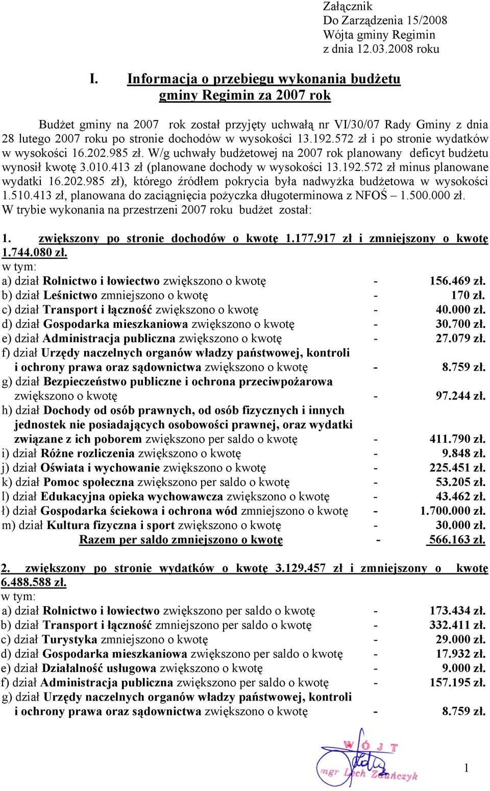 13.192.572 zł i po stronie wydatków w wysokości 16.202.985 zł. W/g uchwały budżetowej na 2007 rok planowany deficyt budżetu wynosił kwotę 3.010.413 zł (planowane dochody w wysokości 13.192.572 zł minus planowane wydatki 16.