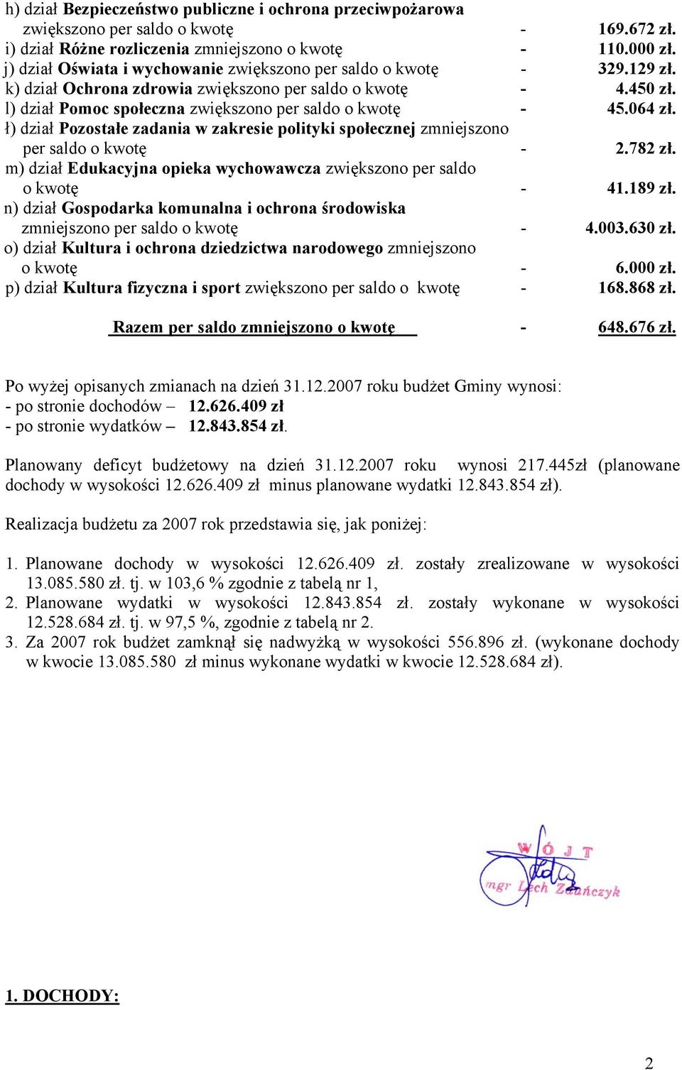 064 zł. ł) dział Pozostałe zadania w zakresie polityki społecznej zmniejszono per saldo o kwotę - 2.782 zł. m) dział Edukacyjna opieka wychowawcza zwiększono per saldo o kwotę - 41.189 zł.