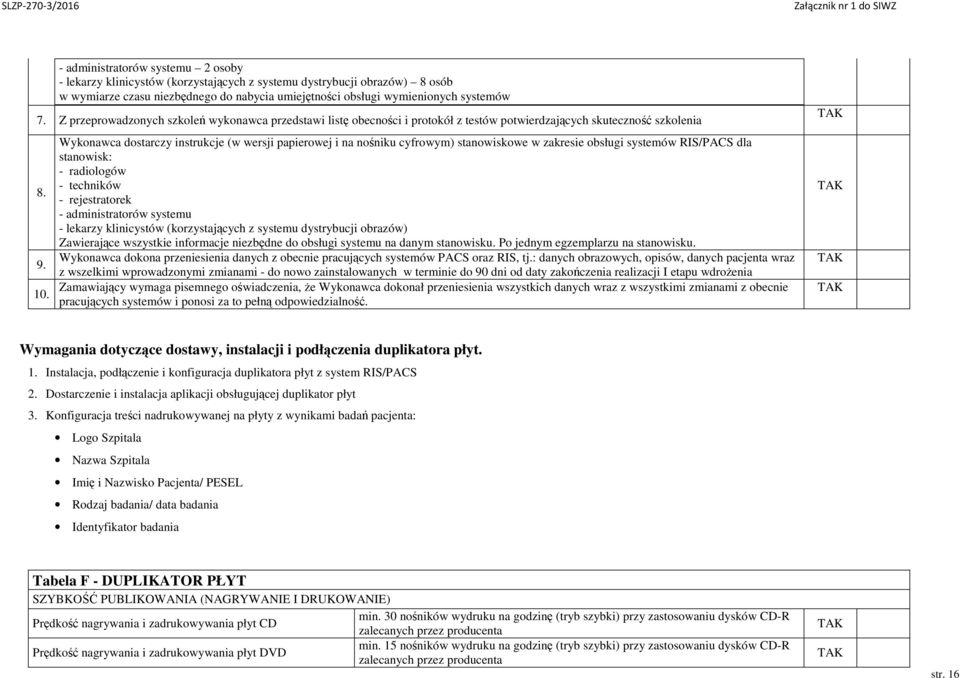 Wykonawca dostarczy instrukcje (w wersji papierowej i na nośniku cyfrowym) stanowiskowe w zakresie obsługi systemów RIS/PACS dla stanowisk: - radiologów - techników - rejestratorek - administratorów