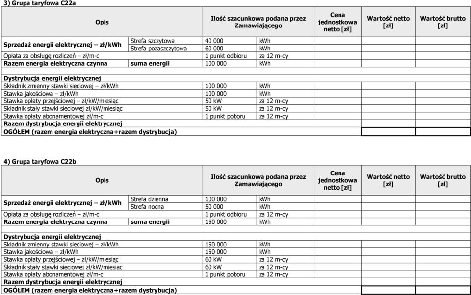 stawki sieciowej zł/kwh 100 000 kwh Stawka jakościowa zł/kwh 100 000 kwh Stawka opłaty przejściowej zł/kw/miesiąc 50 kw za 12 m-cy Składnik stały stawki sieciowej zł/kw/miesiąc 50 kw za 12 m-cy