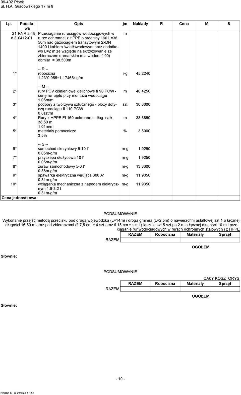 05/ 3* podpory z tworzywa sztucznego - płozy dotyczą rurociągu fi 110 PCW 0.8szt/ 4* Rury z HPPE FI 160 ochronne o dług. całk. 38,50 1.01/ 5* ateriały poocnicze 3.5% 6* saochód skrzyniowy 5-10 t' 0.