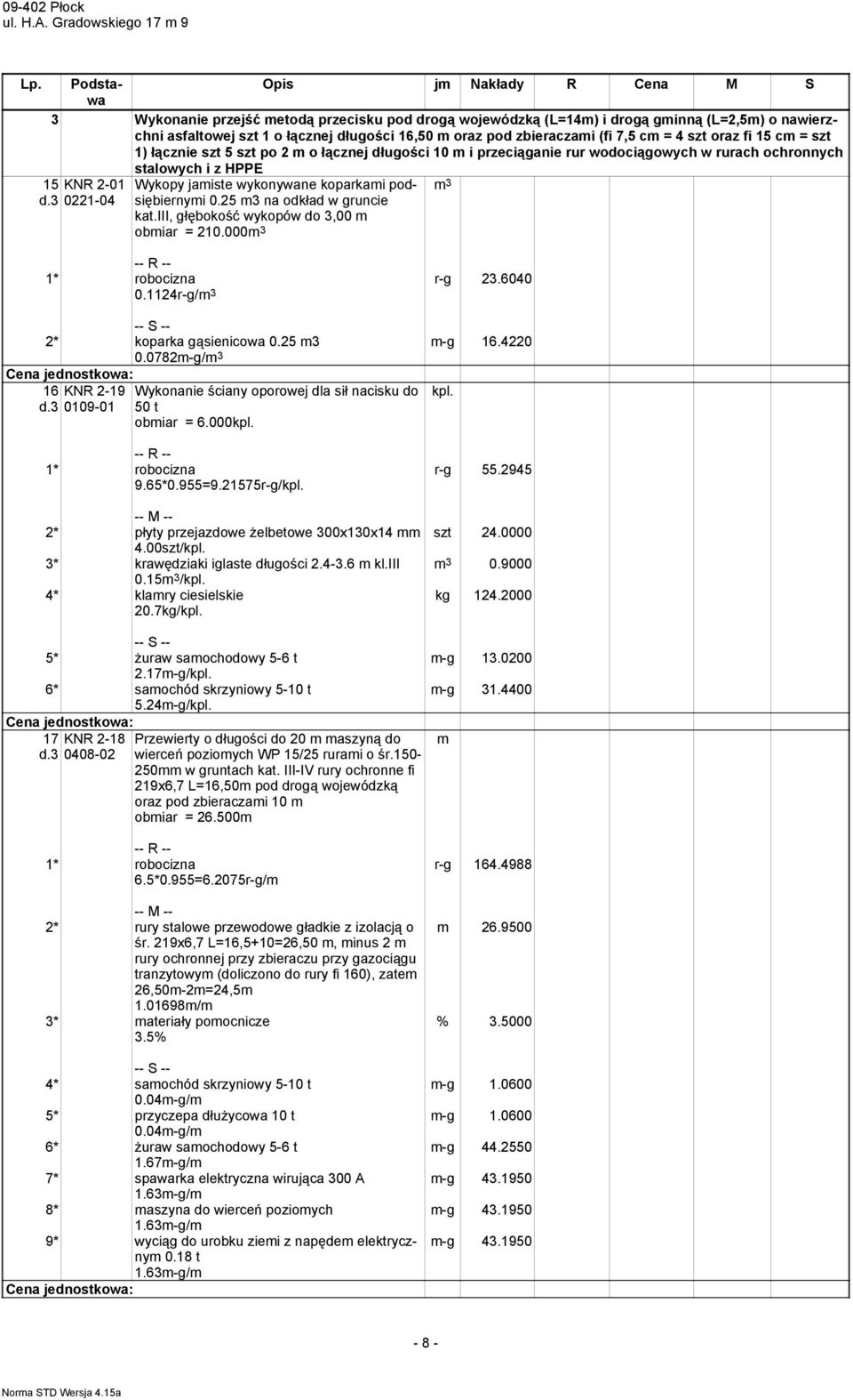 25 3 na odkład w gruncie kat.iii, głębokość wykopów do 3,00 obiar = 210.000 0.1124r-g/ r-g 23.6040 2* koparka gąsienicowa 0.25 3 0.0782-g/ -g 16.4220 16 KNR 2-19 d.