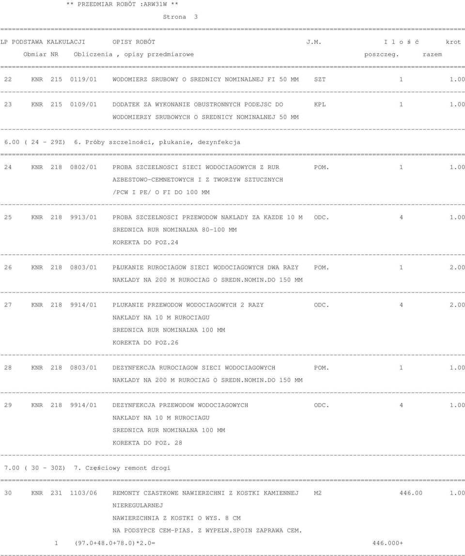 00 AZBESTOWO-CEMNETOWYCH I Z TWORZYW SZTUCZNYCH /PCW I PE/ O FI DO 100 MM 25 KNR 218 9913/01 PROBA SZCZELNOSCI PRZEWODOW NAKLADY ZA KAZDE 10 M ODC. 4 1.