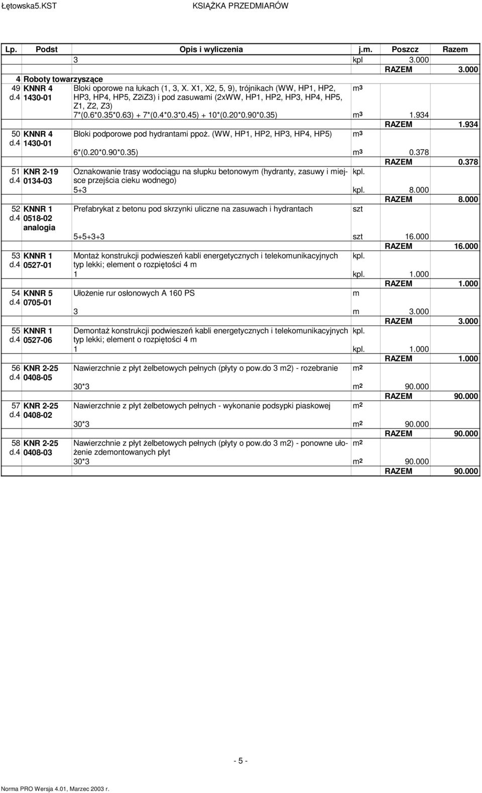 X1, X2, 5, 9), trójnikach (WW, HP1, HP2, HP3, HP4, HP5, Z2iZ3) i pod zasuwami (2xWW, HP1, HP2, HP3, HP4, HP5, Z1, Z2, Z3) 7*(0.6*0.35*0.63) + 7*(0.4*0.3*0.45) + 10*(0.20*0.90*0.35) m 3 1.934 1.