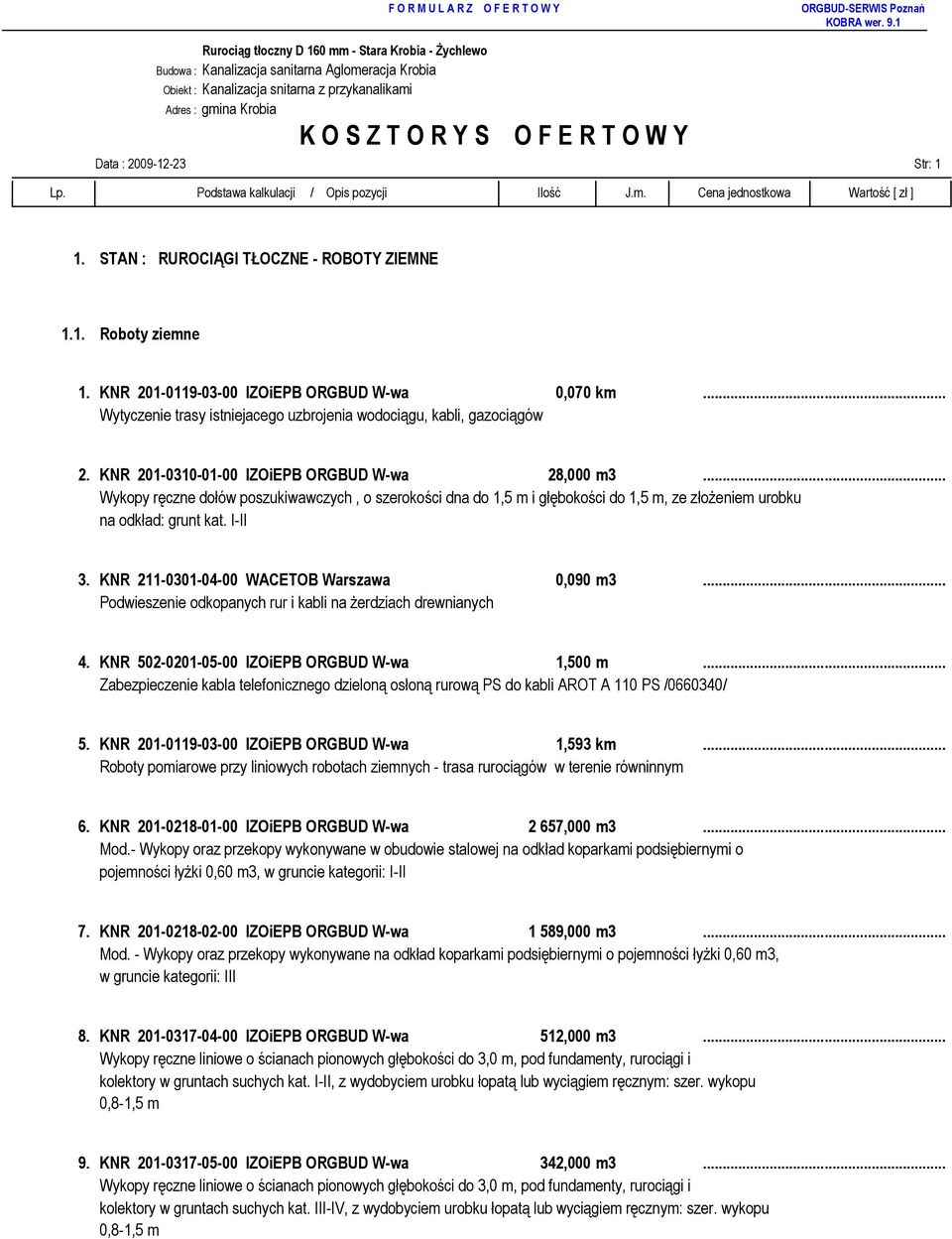 ..... Wytyczenie trasy istniejacego uzbrojenia wodociągu, kabli, gazociągów 2. KNR 201-0310-01-00 IZOiEPB ORGBUD W-wa 28,000 m3.