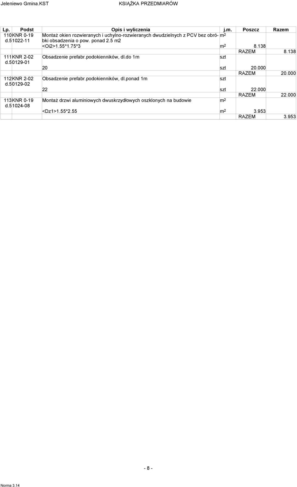 ponad 2.5 2 <Oi2>1.55*1.75*3 2 8.138 RAZEM 8.138 111KNR 2-02 Obsadzenie prefabr.podokienników, dl.do 1 szt d.50129-01 20 szt 20.000 RAZEM 20.