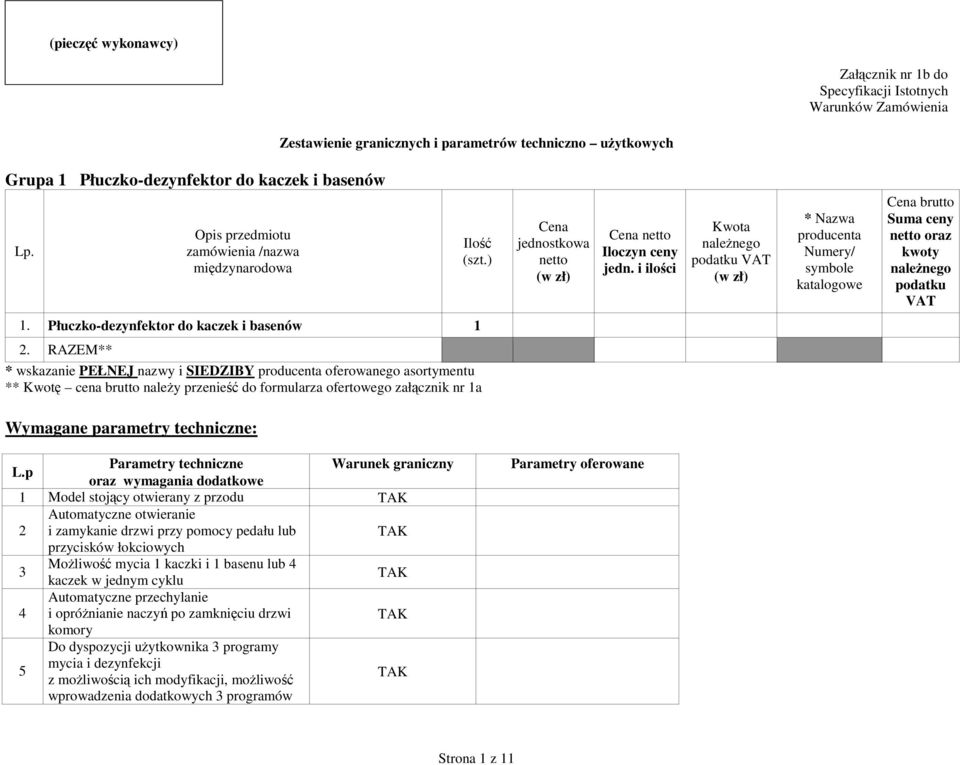 i ilości Kwota * Nazwa producenta Numery/ symbole katalogowe Cena brutto Suma ceny netto oraz kwoty 1. Płuczko-dezynfektor do kaczek i basenów 1 2.