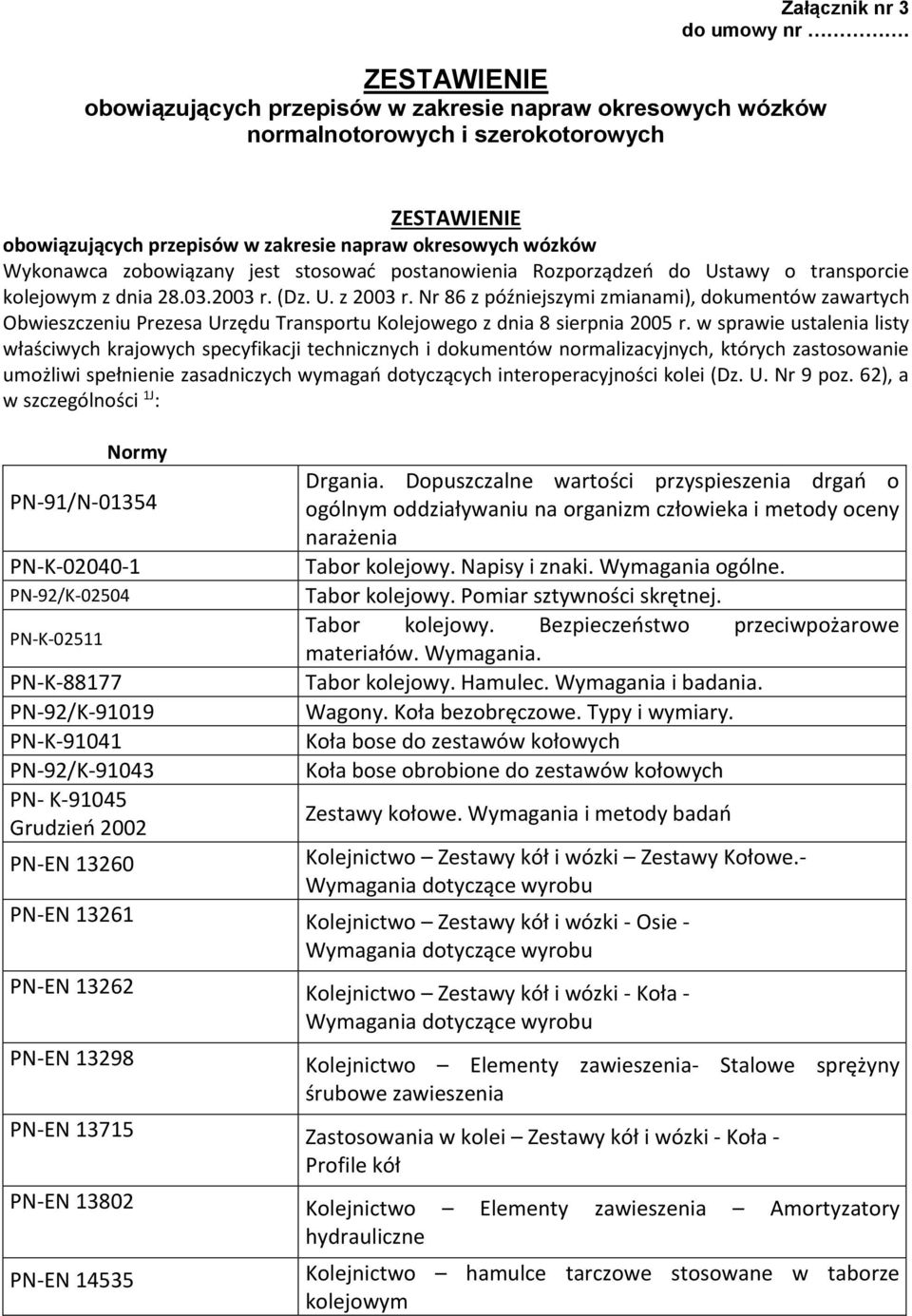 zobowiązany jest stosować postanowienia Rozporządzeń do Ustawy o transporcie kolejowym z dnia 28.03.2003 r. (Dz. U. z 2003 r.