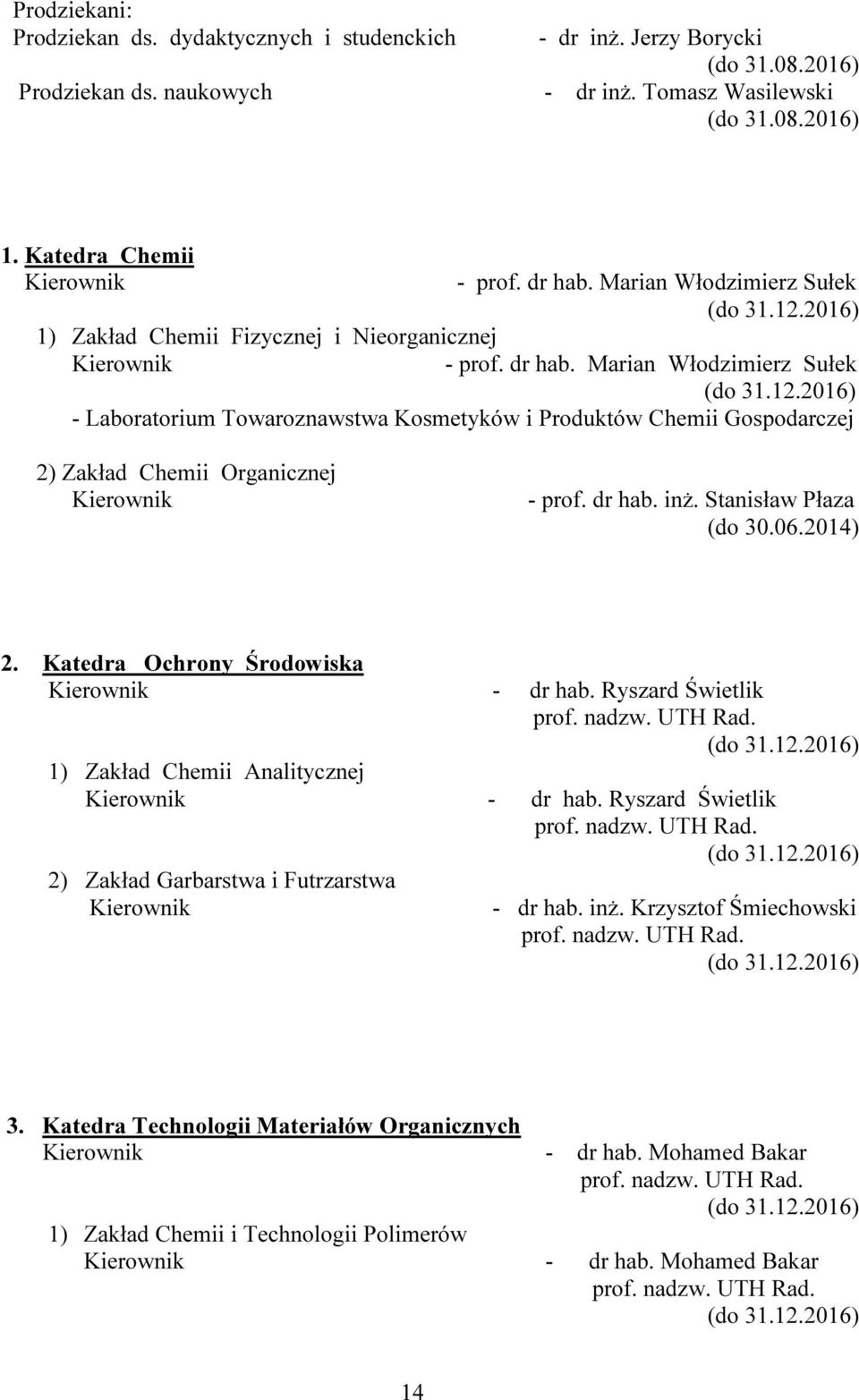 Marian Włodzimierz Sułek - Laboratorium Towaroznawstwa Kosmetyków i Produktów Chemii Gospodarczej 2) Zakład Chemii Organicznej - prof. dr hab. inż. Stanisław Płaza (do 30.06.2014) 2.