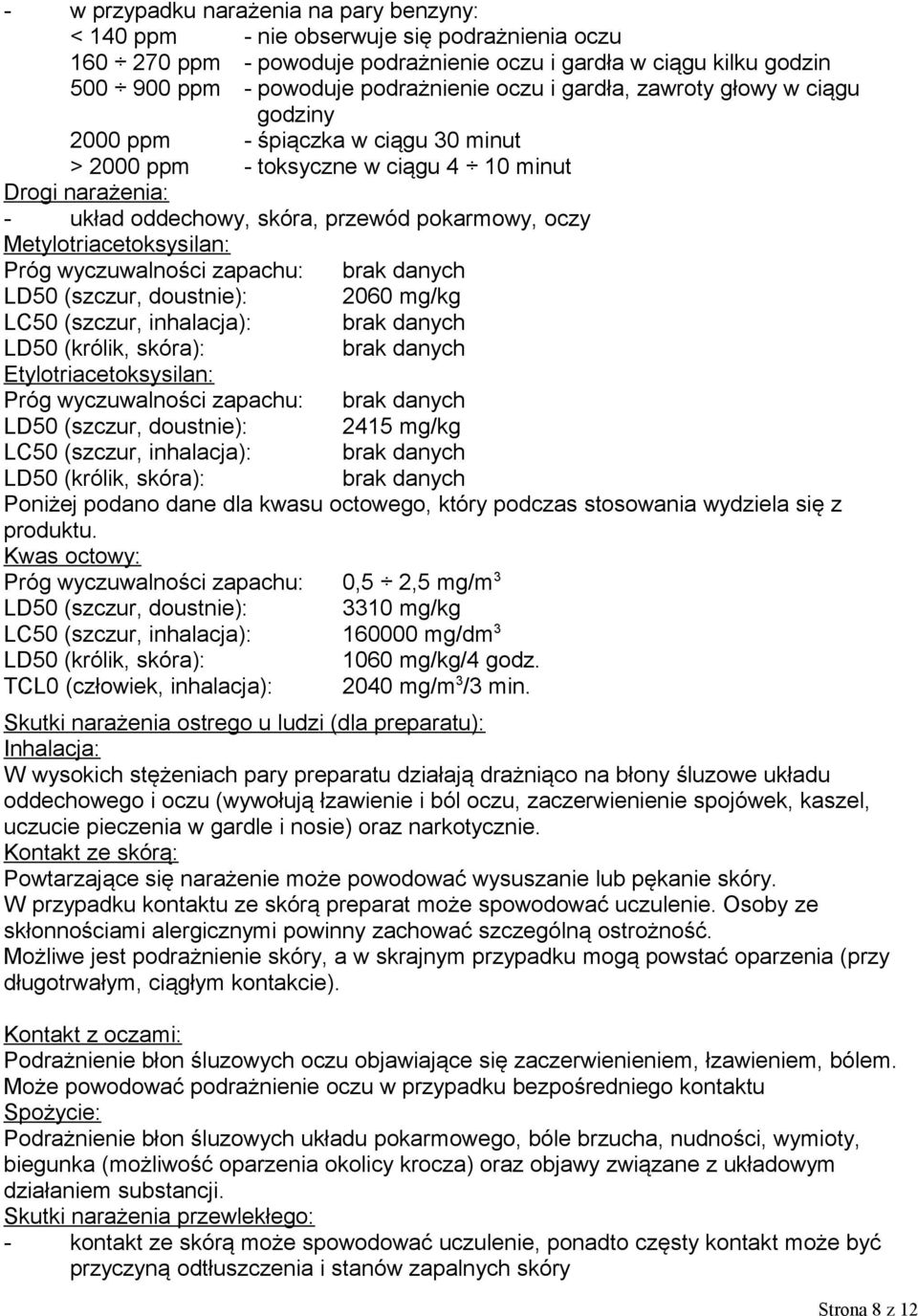 Metylotriacetoksysilan: Próg wyczuwalności zapachu: brak danych LD50 (szczur, doustnie): 2060 mg/kg LC50 (szczur, inhalacja): brak danych LD50 (królik, skóra): brak danych Etylotriacetoksysilan: Próg