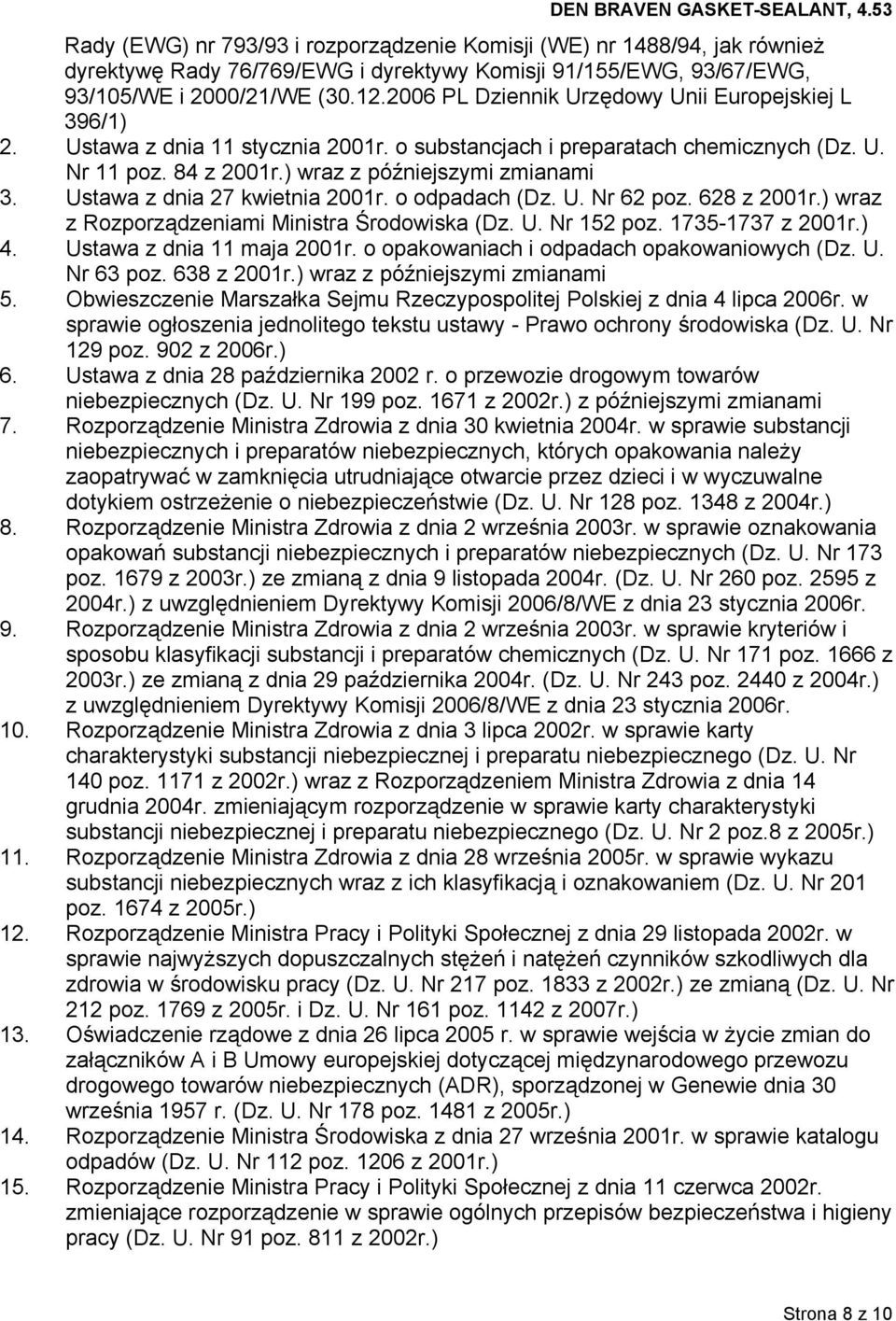 Ustawa z dnia 27 kwietnia 2001r. o odpadach (Dz. U. Nr 62 poz. 628 z 2001r.) wraz z Rozporządzeniami Ministra Środowiska (Dz. U. Nr 152 poz. 1735-1737 z 2001r.) 4. Ustawa z dnia 11 maja 2001r.