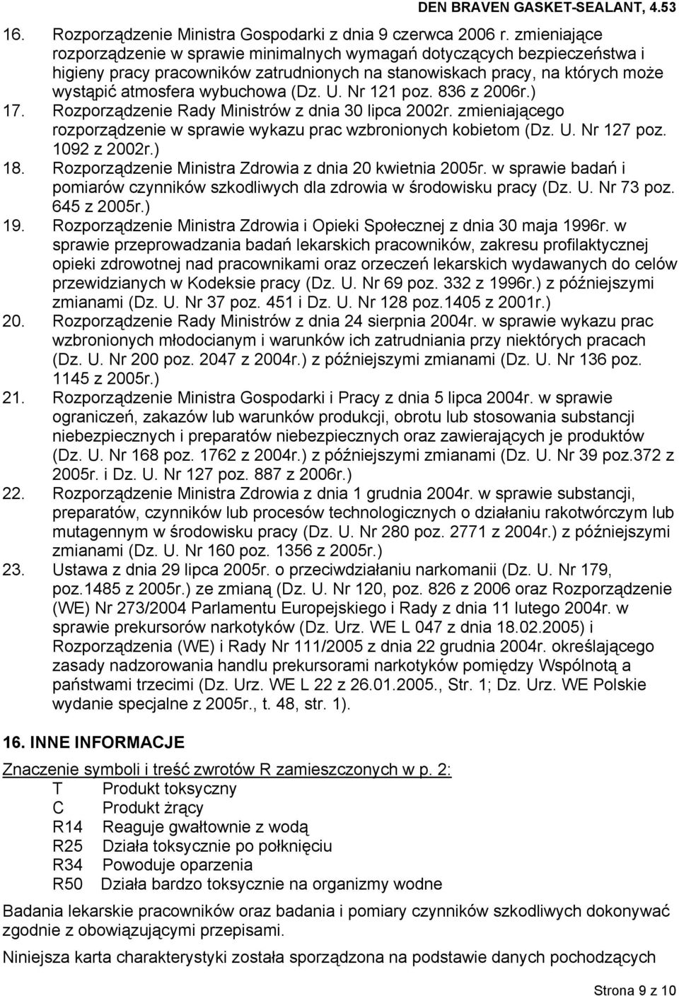 U. Nr 121 poz. 836 z 2006r.) 17. Rozporządzenie Rady Ministrów z dnia 30 lipca 2002r. zmieniającego rozporządzenie w sprawie wykazu prac wzbronionych kobietom (Dz. U. Nr 127 poz. 1092 z 2002r.) 18.