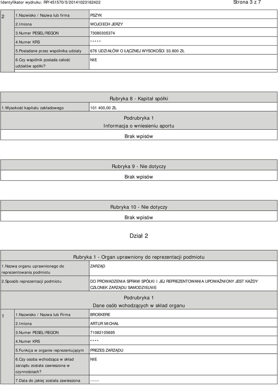 Wysokość kapitału zakładowego 101 400,00 ZŁ Podrubryka 1 Informacja o wniesieniu aportu Rubryka 9 - Nie dotyczy Rubryka 10 - Nie dotyczy Dział 2 Rubryka 1 - Organ uprawniony do reprezentacji podmiotu