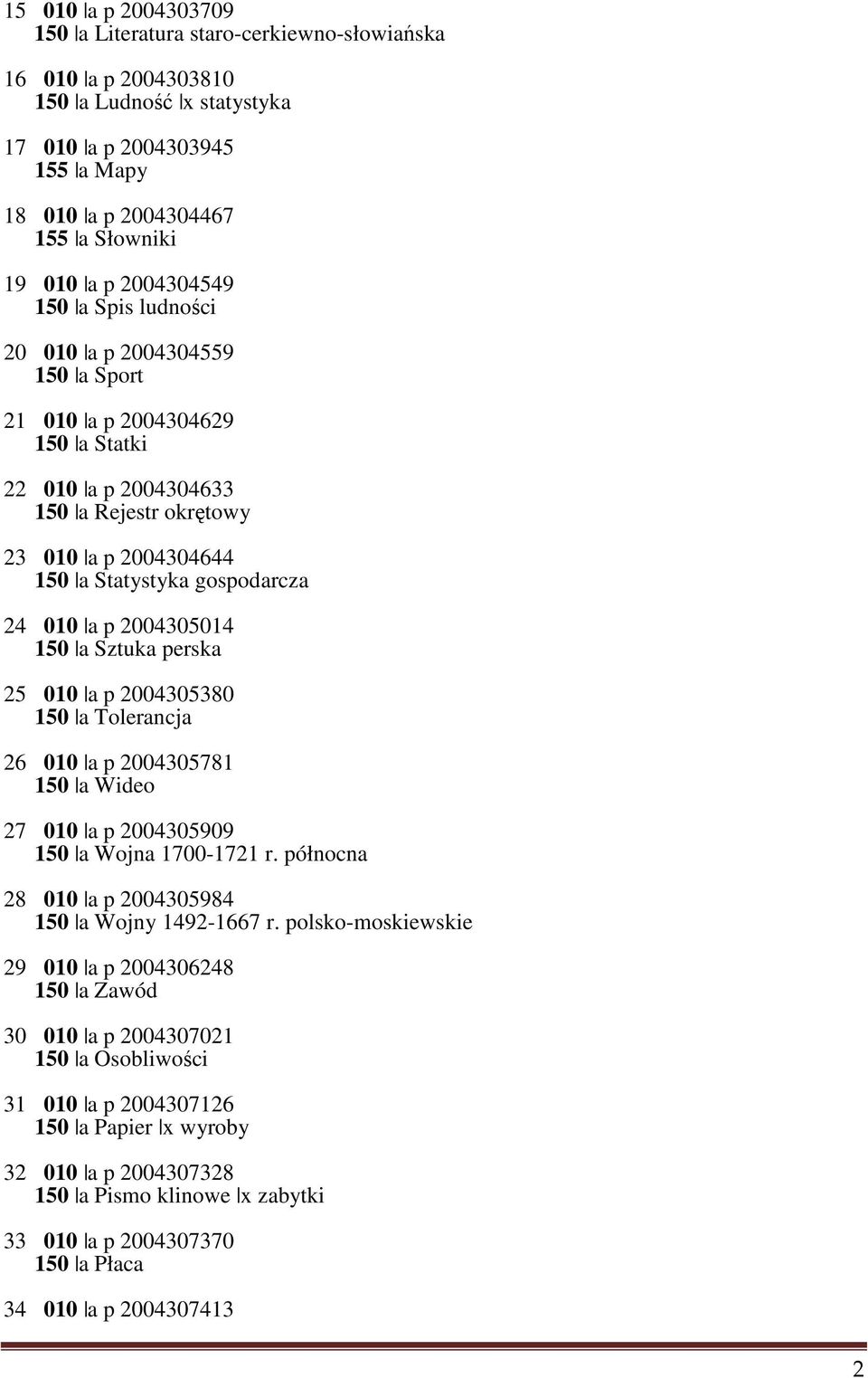 010 a p 2004305014 150 a Sztuka perska 25 010 a p 2004305380 150 a Tolerancja 26 010 a p 2004305781 150 a Wideo 27 010 a p 2004305909 150 a Wojna 1700-1721 r.