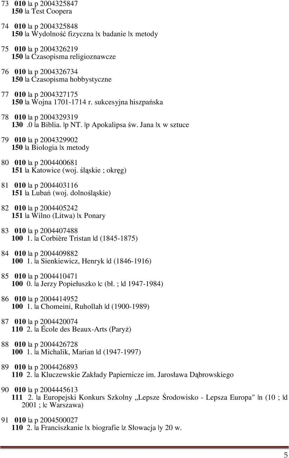 Jana x w sztuce 79 010 a p 2004329902 150 a Biologia x metody 80 010 a p 2004400681 151 a Katowice (woj. śląskie ; okręg) 81 010 a p 2004403116 151 a Lubań (woj.