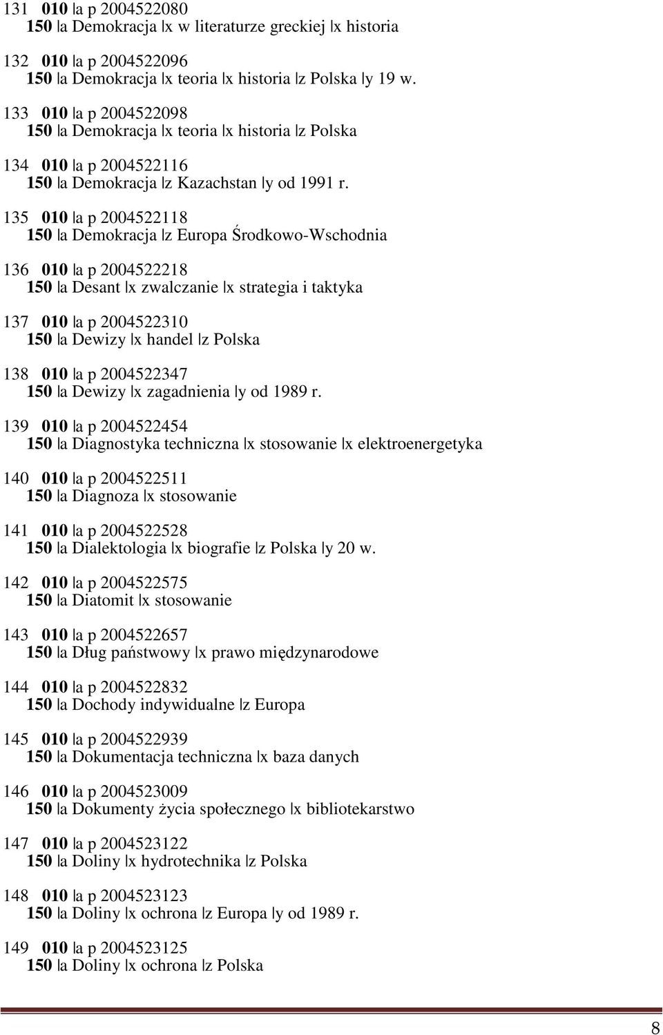 135 010 a p 2004522118 150 a Demokracja z Europa Środkowo-Wschodnia 136 010 a p 2004522218 150 a Desant x zwalczanie x strategia i taktyka 137 010 a p 2004522310 150 a Dewizy x handel z Polska 138