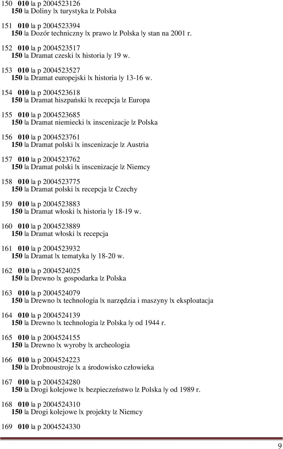 154 010 a p 2004523618 150 a Dramat hiszpański x recepcja z Europa 155 010 a p 2004523685 150 a Dramat niemiecki x inscenizacje z Polska 156 010 a p 2004523761 150 a Dramat polski x inscenizacje z