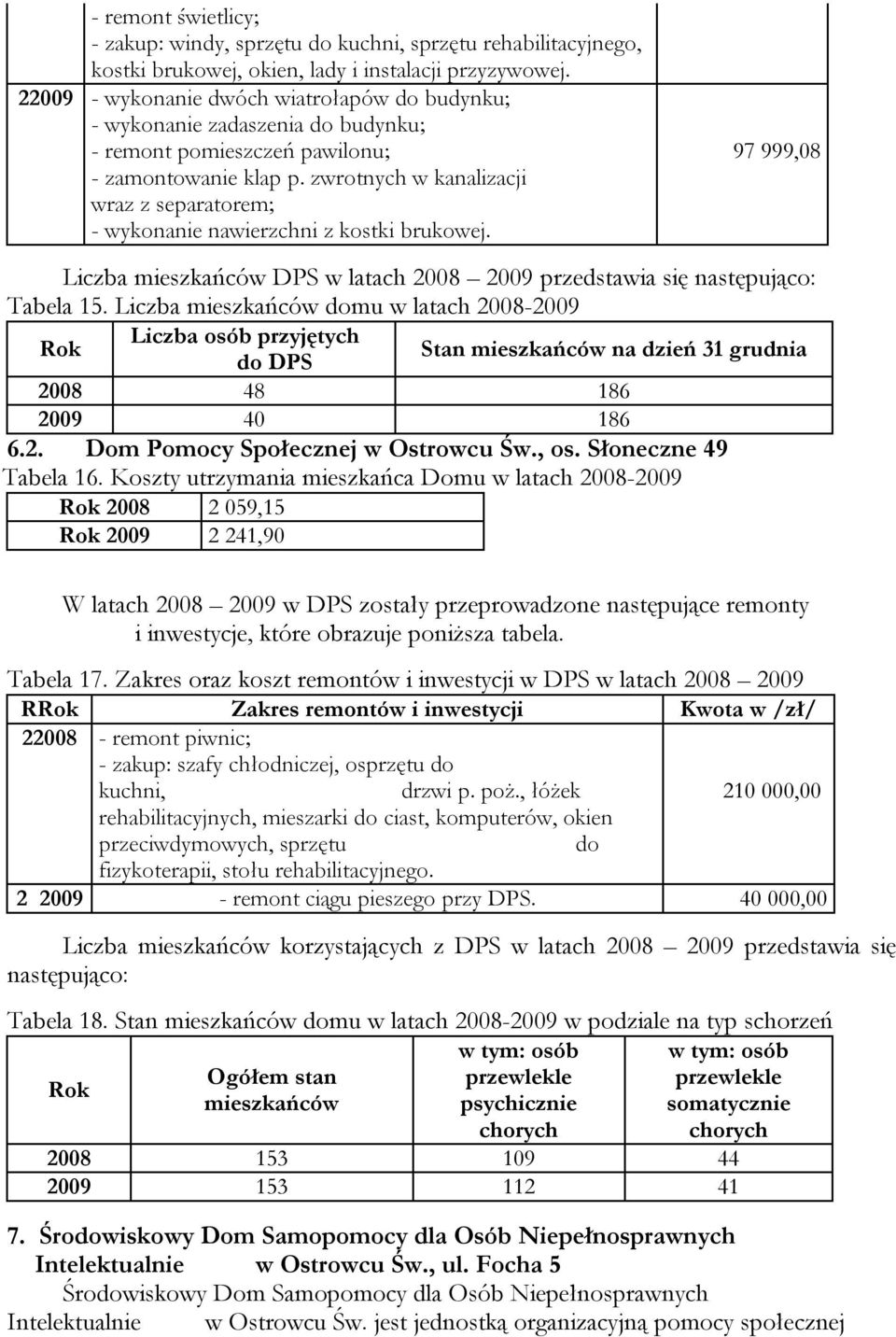 zwrotnych w kanalizacji wraz z separatorem; - wykonanie nawierzchni z kostki brukowej. 97 999,08 Liczba mieszkańców DPS w latach 2008 2009 przedstawia się następująco: Tabela 15.