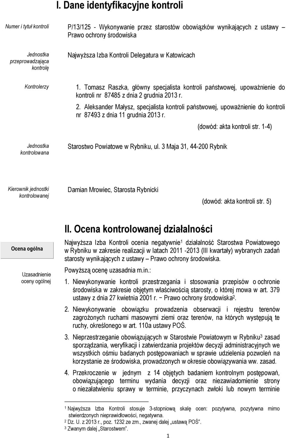 grudnia 2013 r. 2. Aleksander Małysz, specjalista kontroli państwowej, upoważnienie do kontroli nr 87493 z dnia 11 grudnia 2013 r. (dowód: akta kontroli str.