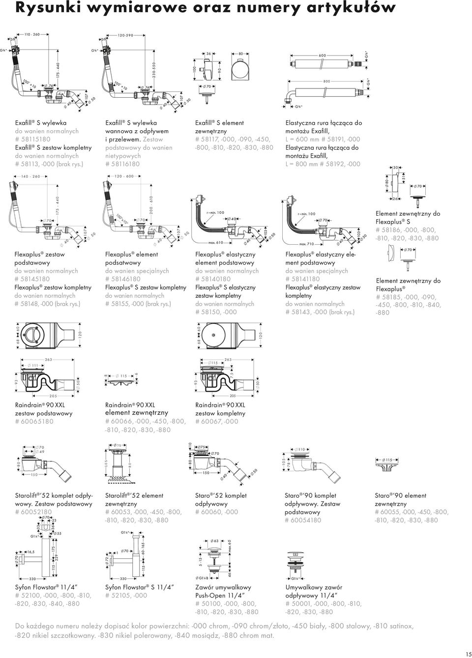 Zestaw podstawowy do wanien nietypowych # 58116180 Exafill S element zewnętrzny # 58117, -000, -090, -450, -800, Elastyczna rura łącząca do montażu Exafill, L = 600 mm # 58191, -000 Elastyczna rura