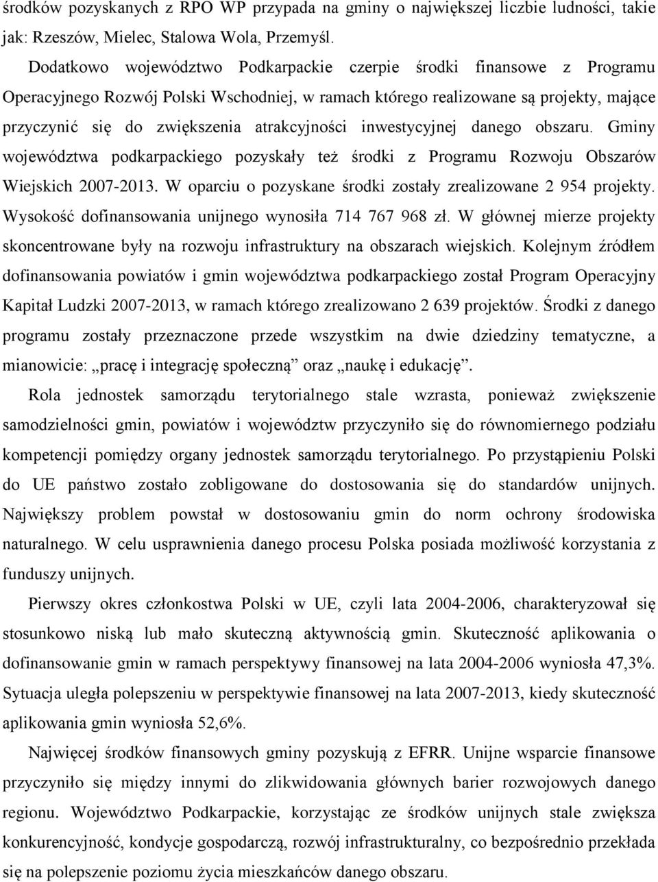 atrakcyjności inwestycyjnej danego obszaru. Gminy województwa podkarpackiego pozyskały też środki z Programu Rozwoju Obszarów Wiejskich 2007-2013.