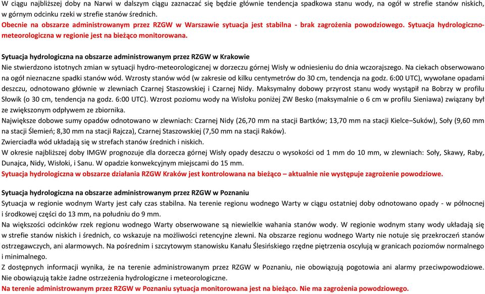 Sytuacja hydrologiczna na obszarze administrowanym przez RZGW w Krakowie Nie stwierdzono istotnych zmian w sytuacji hydro-meteorologicznej w dorzeczu górnej Wisły w odniesieniu do dnia wczorajszego.