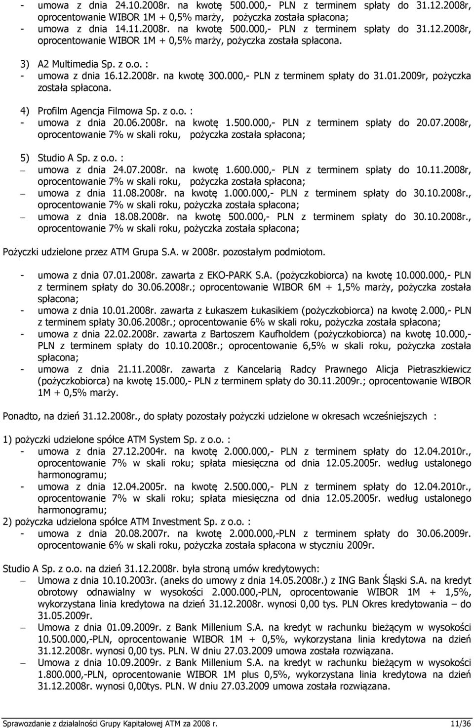 500.000,- PLN z terminem spłaty do 20.07.2008r, oprocentowanie 7% w skali roku, pożyczka została spłacona; 5) Studio A Sp. z o.o. : umowa z dnia 24.07.2008r. na kwotę 1.600.