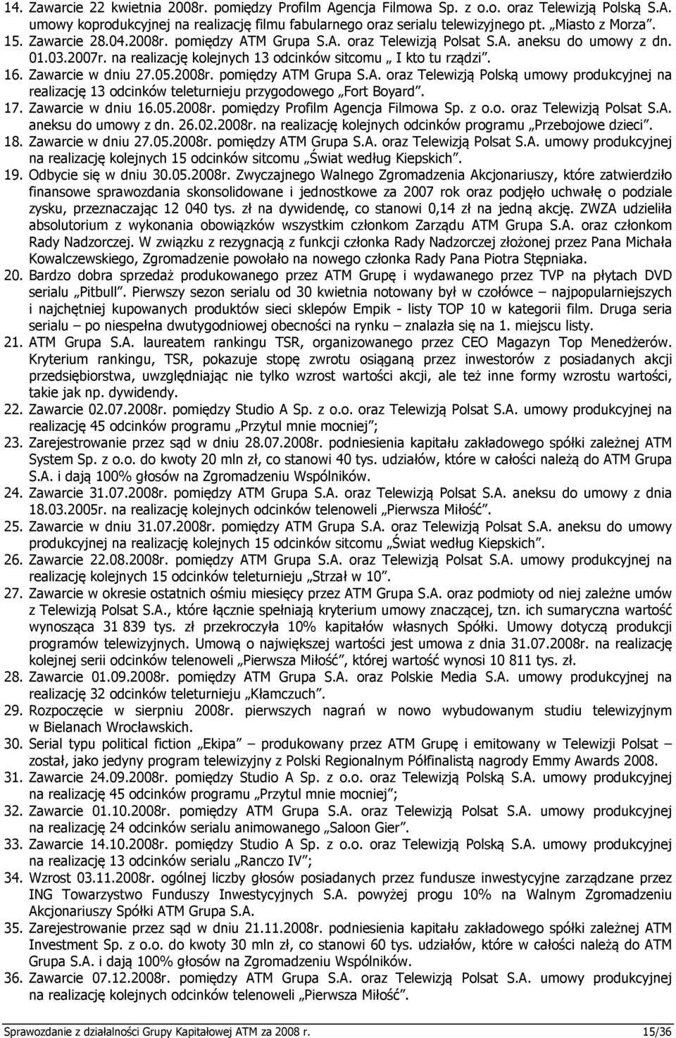 Zawarcie w dniu 27.05.2008r. pomiędzy ATM Grupa S.A. oraz Telewizją Polską umowy produkcyjnej na realizację 13 odcinków teleturnieju przygodowego Fort Boyard. 17. Zawarcie w dniu 16.05.2008r. pomiędzy Profilm Agencja Filmowa Sp.