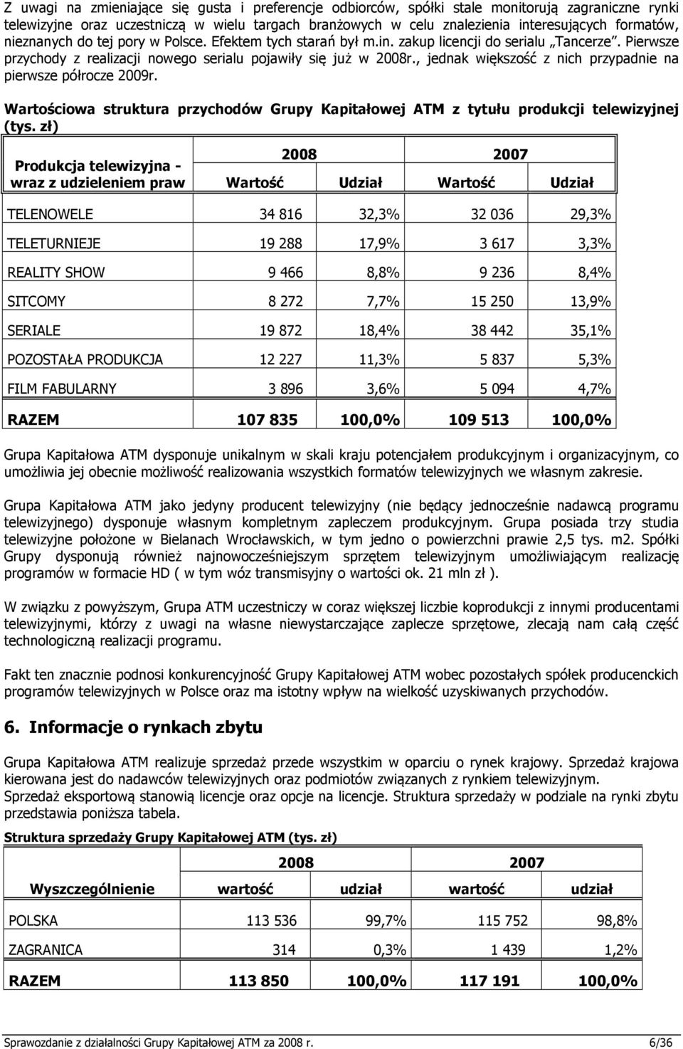 , jednak większość z nich przypadnie na pierwsze półrocze 2009r. Wartościowa struktura przychodów Grupy Kapitałowej ATM z tytułu produkcji telewizyjnej (tys.