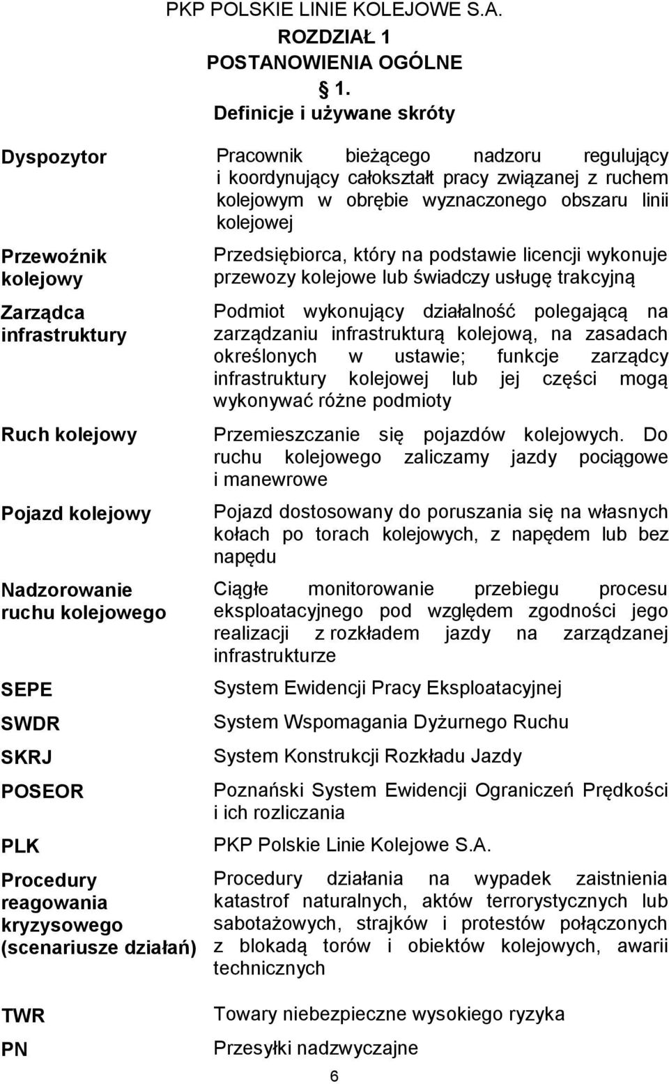 kolejowy Zarządca infrastruktury Ruch kolejowy Pojazd kolejowy Nadzorowanie ruchu kolejowego SEPE SWDR SKRJ POSEOR PLK Procedury reagowania kryzysowego (scenariusze działań) TWR PN Przedsiębiorca,