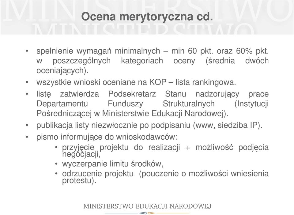 listę zatwierdza Podsekretarz Stanu nadzorujący prace Departamentu Funduszy Strukturalnych (Instytucji Pośredniczącej w Ministerstwie Edukacji