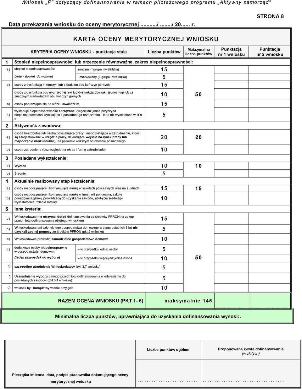 niepełnosprawności znaczny (I grupa inwalidzka) 15 (jeden stopień do wyboru) umiarkowany (II grupa inwalidzka) 5 b) osoby z dysfunkcją 4 kończyn lub z brakiem obu kończyn górnych 15 Maksymalna liczba