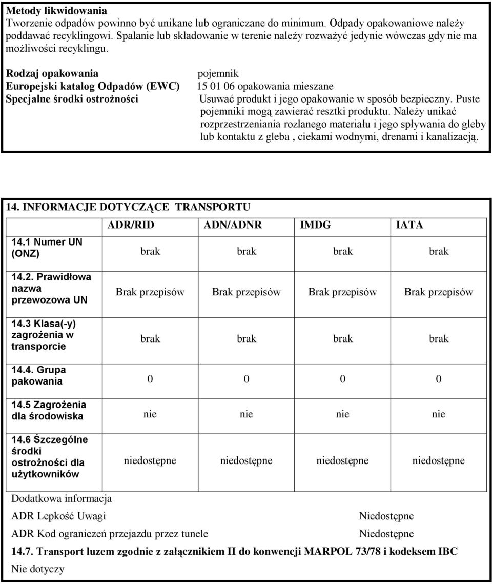 Rodzaj opakowania Europejski katalog Odpadów (EWC) Specjalne środki ostrożności pojemnik 15 01 06 opakowania mieszane Usuwać produkt i jego opakowanie w sposób bezpieczny.