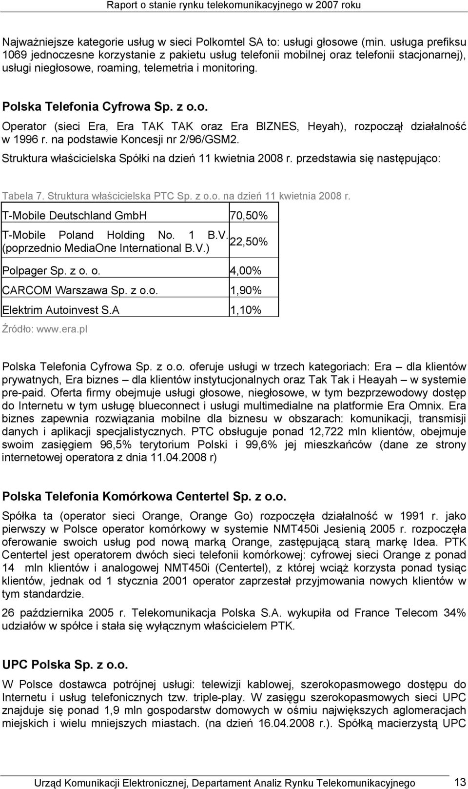 na podstawie Koncesji nr 2/96/GSM2. Struktura właścicielska Spółki na dzień 11 kwietnia 2008 r. przedstawia się następująco: Tabela 7. Struktura właścicielska PTC Sp. z o.o. na dzień 11 kwietnia 2008 r. T-Mobile Deutschland GmbH 70,50% T-Mobile Poland Holding No.