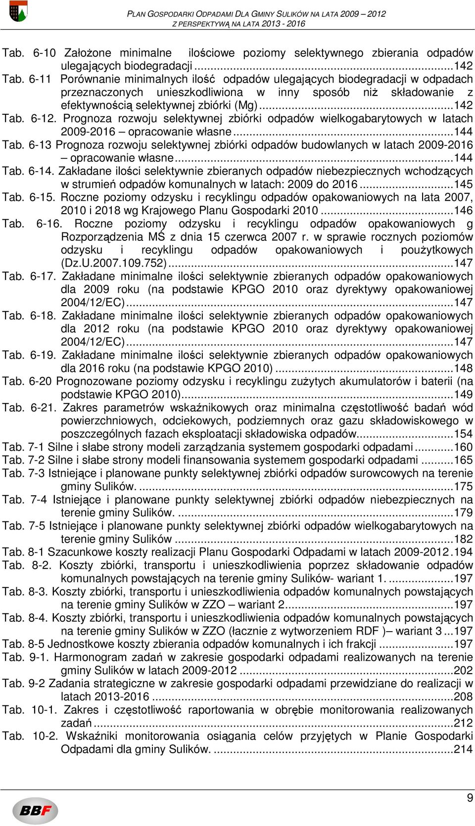 Prognoza rozwoju selektywnej zbiórki odpadów wielkogabarytowych w latach 2009-2016 opracowanie własne...144 Tab.