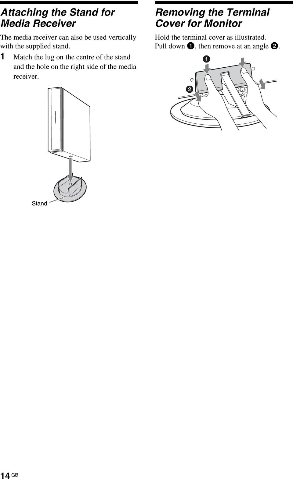 1 Match the lug on the centre of the stand and the hole on the right side of the