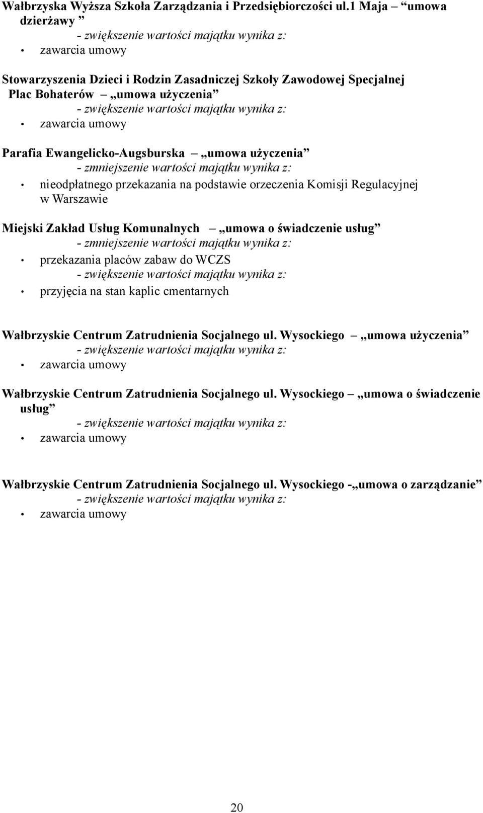 EwangelickoAugsburska umowa zmniejszenie wartości majątku wynika z: nieodpłatnego przekazania na podstawie orzeczenia Komisji Regulacyjnej w Warszawie Miejski Zakład Usług Komunalnych umowa o