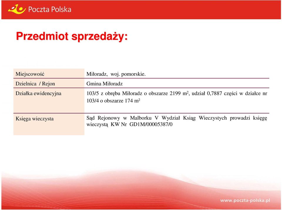 Gmina Miłoradz 103/5 z obrębu Miłoradz o obszarze 2199 m 2, udział 0,7887 części w