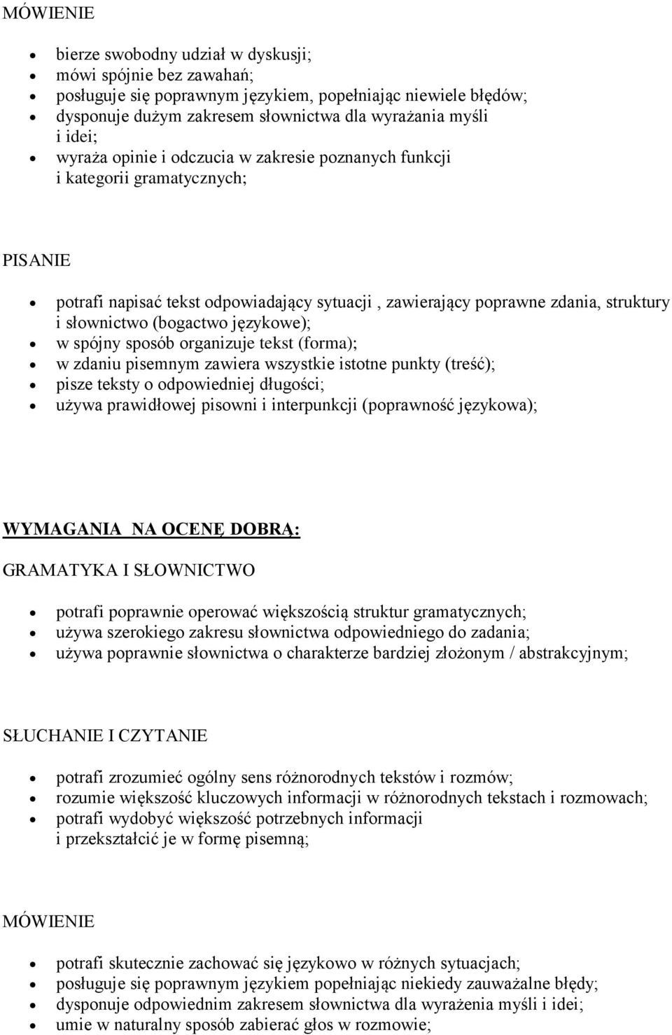 językowe); w spójny sposób organizuje tekst (forma); w zdaniu pisemnym zawiera wszystkie istotne punkty (treść); pisze teksty o odpowiedniej długości; używa prawidłowej pisowni i interpunkcji