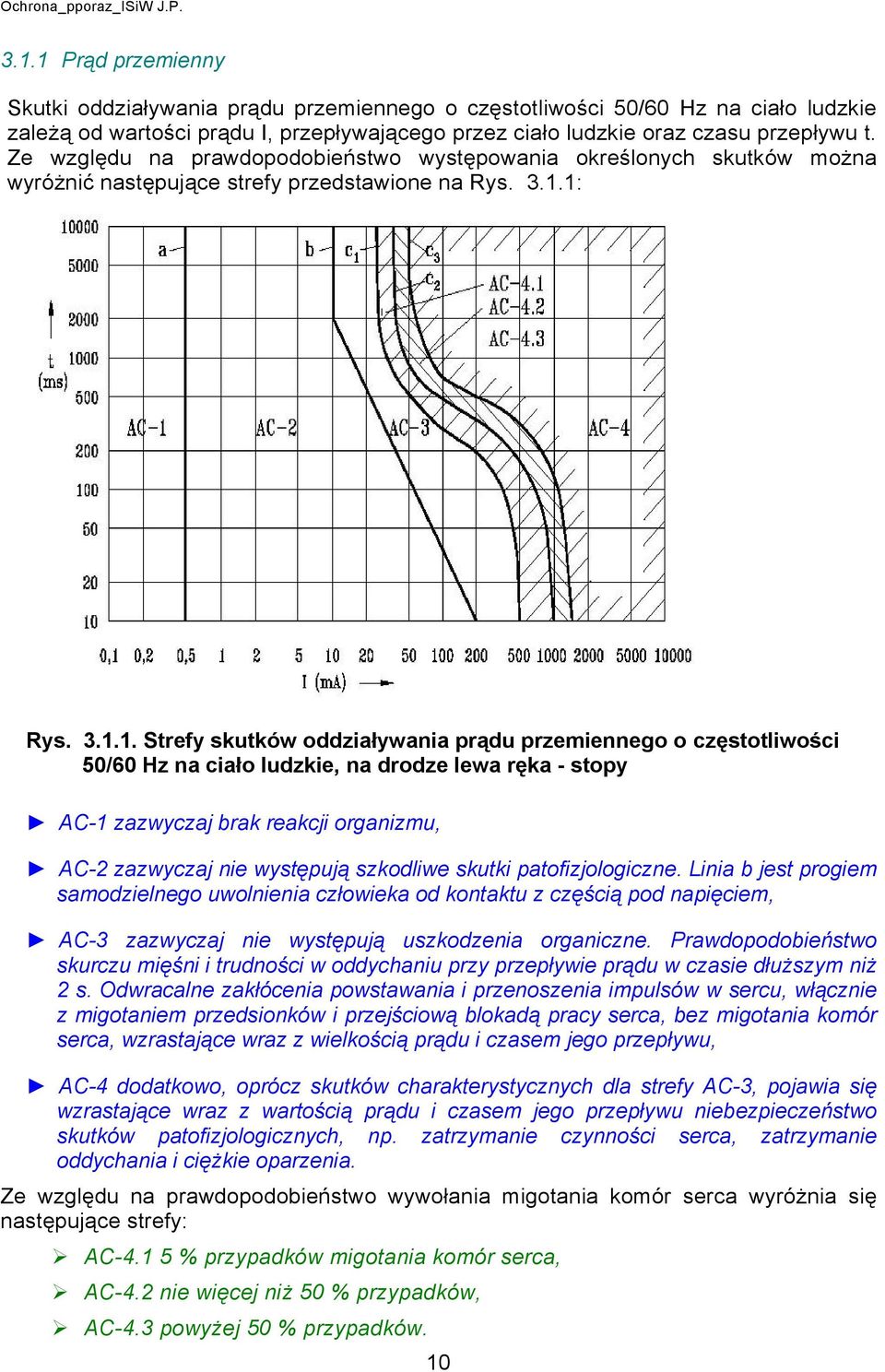 1: Rys. 3.1.1. Strefy skutków oddiaływania prądu premiennego o cęstotliwości 50/60 H na ciało ludkie, na drode lewa ręka - stopy AC-1 awycaj brak reakcji organimu, AC-2 awycaj nie występują skodliwe