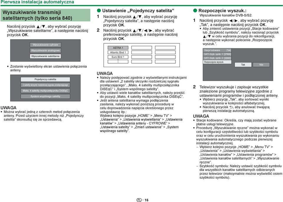 Pojedynczy satelita ł łą ą łą Można wybrać jedną z czterech metod połączenia anteny. Przed użyciem innej metody niż Pojedynczy satelita skonsultuj się ze sprzedawcą.