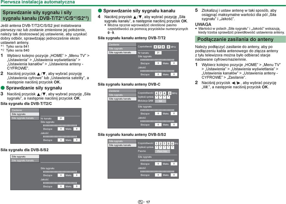 I Tylko seria 841 J Tylko seria 840 1 Ustawienia > Ustawienia wyświetlania > Ustawienia kanałów > Ustawienia anteny - CYFROWE.