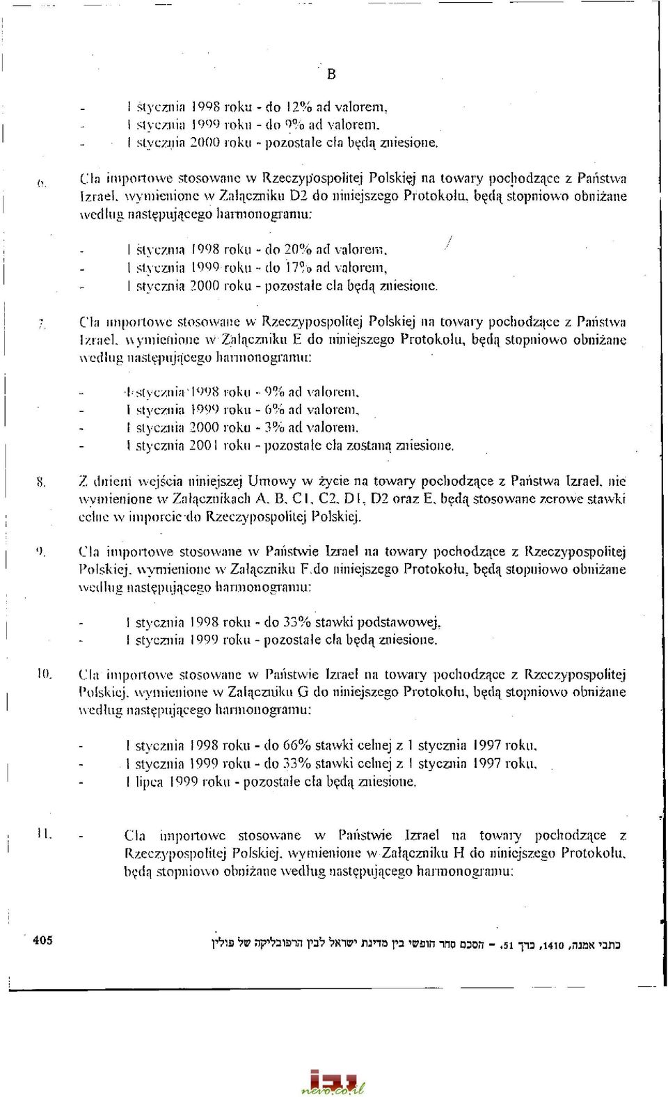 b^d{\ stopniowo obnizane wedlug nastepuj^eego harnionogramu: I styeznm 1998 roku - do 20% ad valorem. 1 stycznia 1999 roku - do 17% ad valorem, I stycznia 2000 roku - pozostale cla b?d{\ zuiesione.