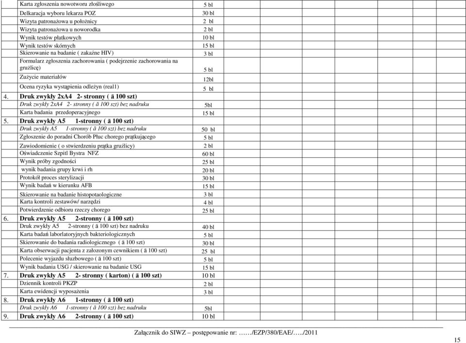 (real1) 5 bl 4. Druk zwykły 2xA4 2- stronny ( ā 100 szt) Druk zwykły 2xA4 2- stronny ( ā 100 szt) bez nadruku 5bl Karta badania przedoperacyjnego 15 bl 5.