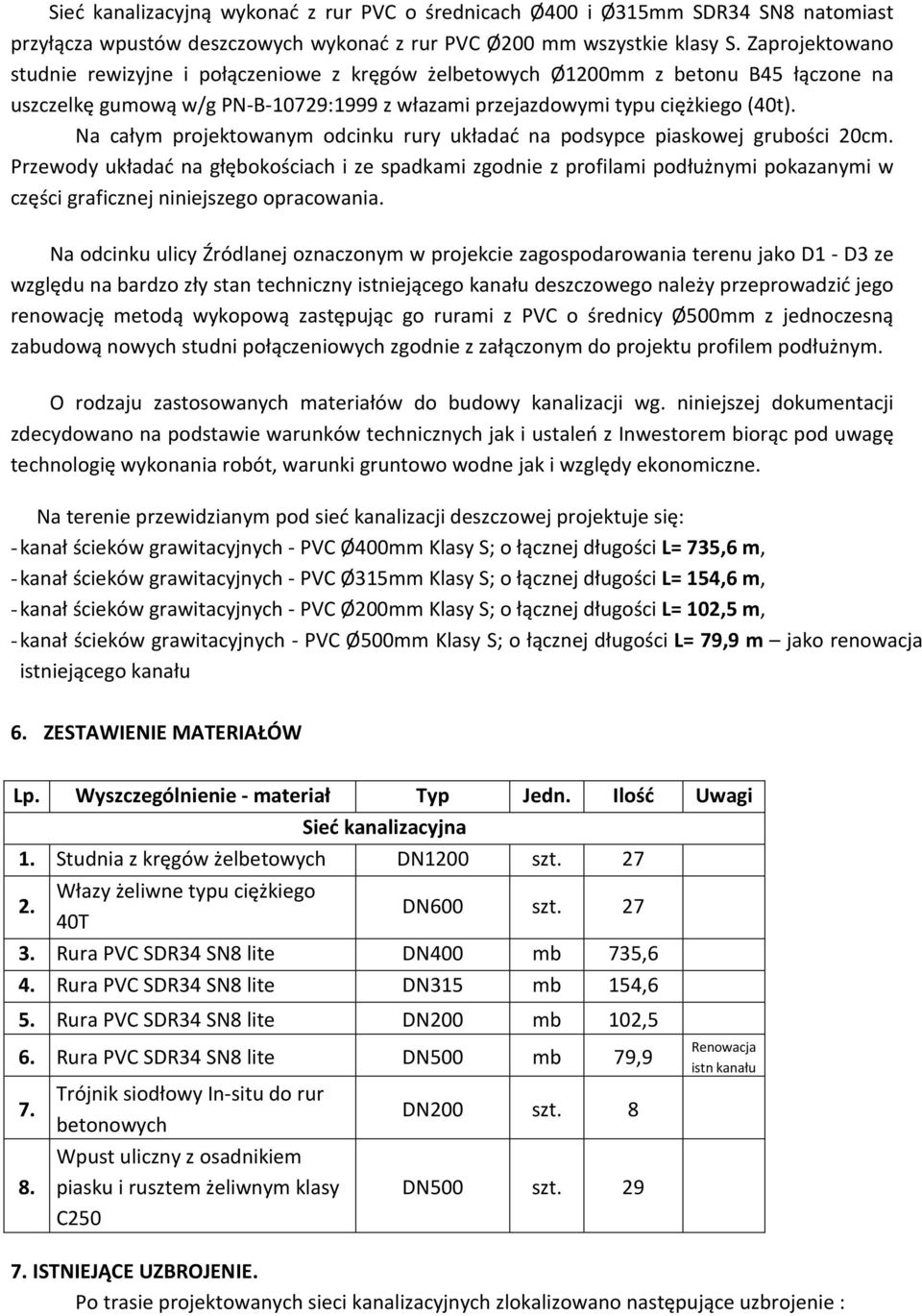 Na całym projektowanym odcinku rury układać na podsypce piaskowej grubości 20cm.