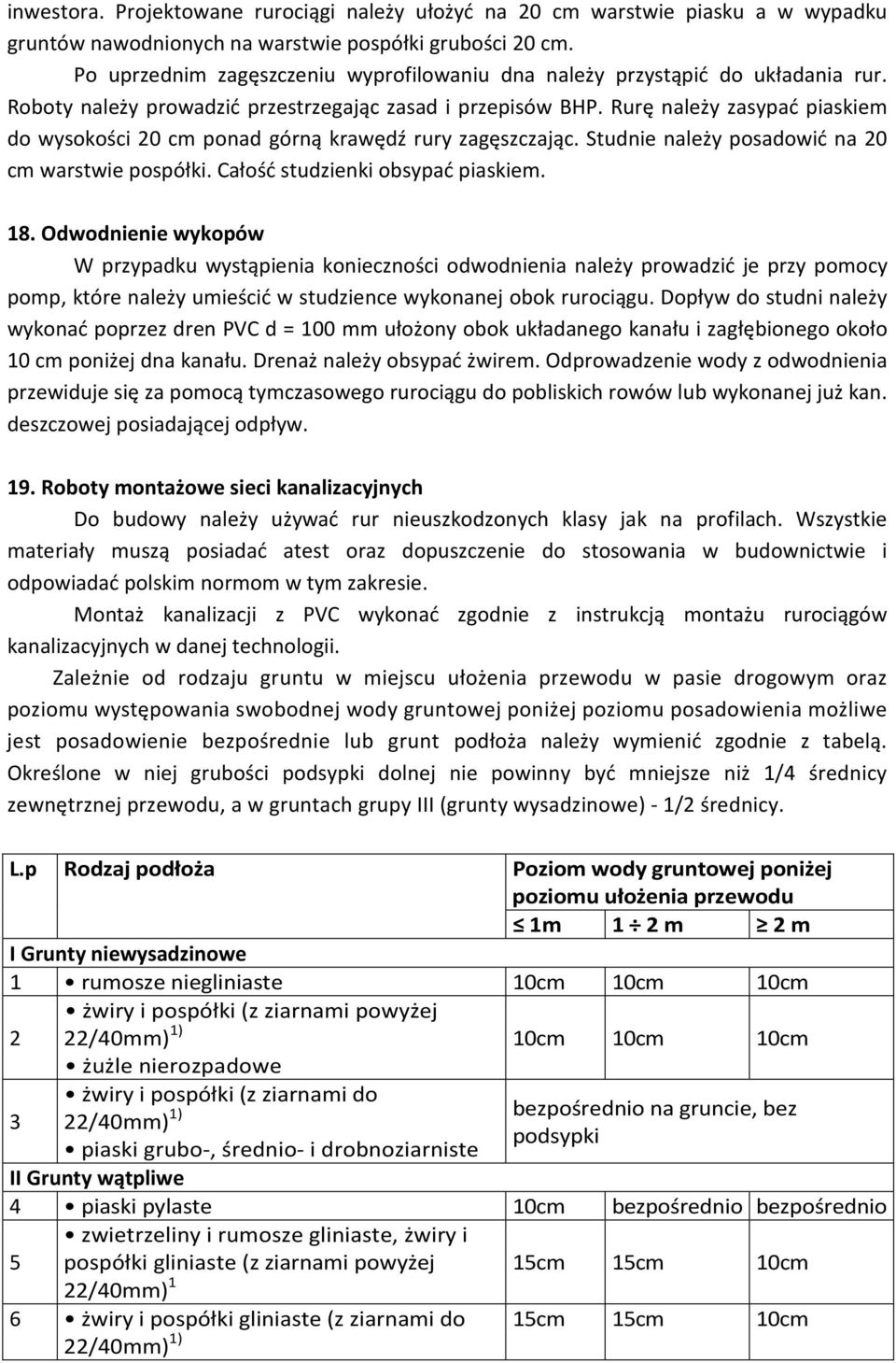 Rurę należy zasypać piaskiem do wysokości 20 cm ponad górną krawędź rury zagęszczając. Studnie należy posadowić na 20 cm warstwie pospółki. Całość studzienki obsypać piaskiem. 18.