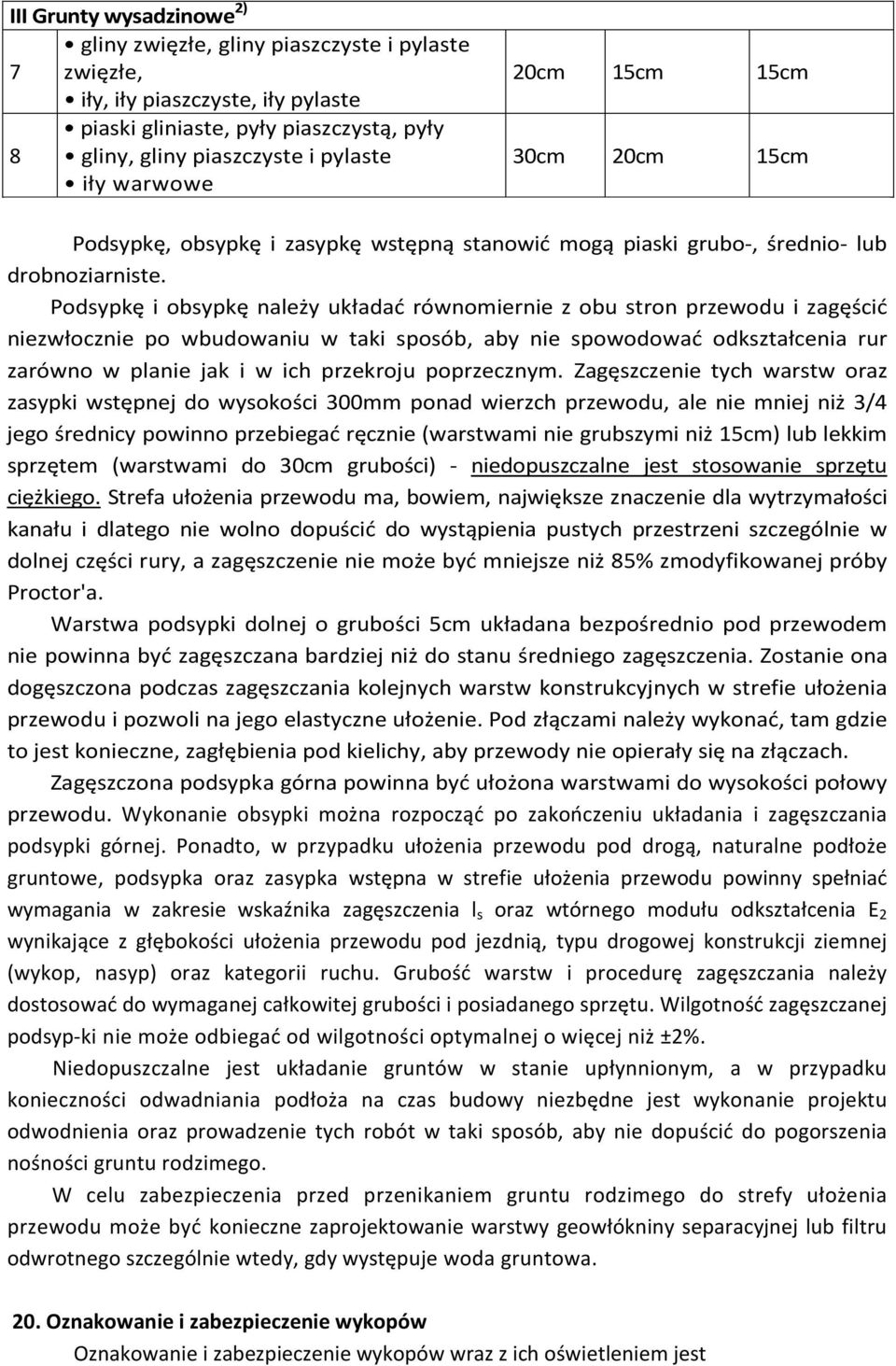 Podsypkę i obsypkę należy układać równomiernie z obu stron przewodu i zagęścić niezwłocznie po wbudowaniu w taki sposób, aby nie spowodować odkształcenia rur zarówno w planie jak i w ich przekroju