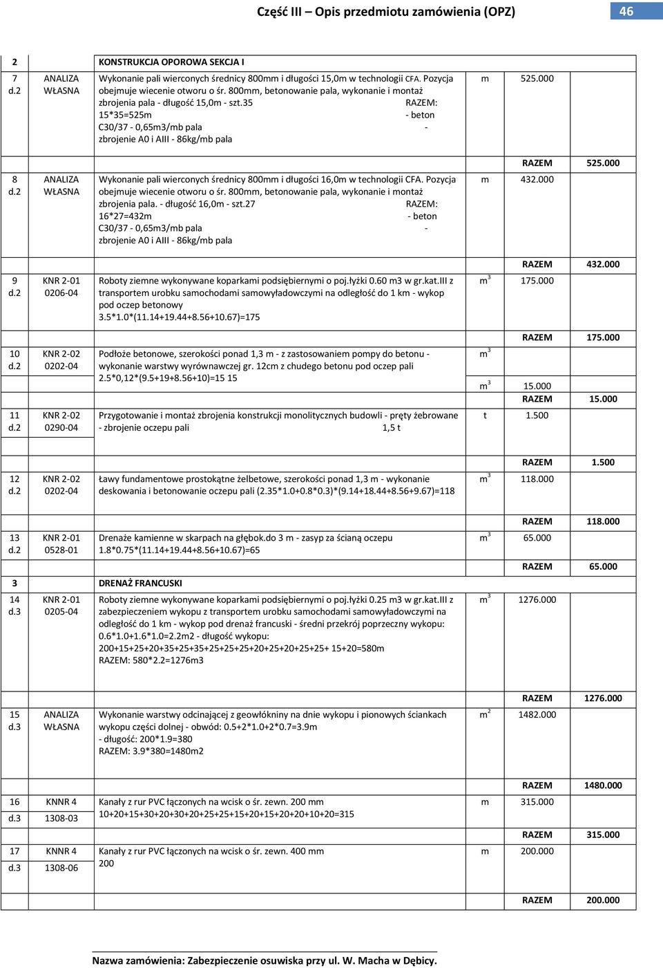 000 8 Wykonanie pali wierconych średnicy 800mm i długości 16,0m w technologii CFA. Pozycja obejmuje wiecenie otworu o śr. 800mm, betonowanie pala, wykonanie i montaż zbrojenia pala.