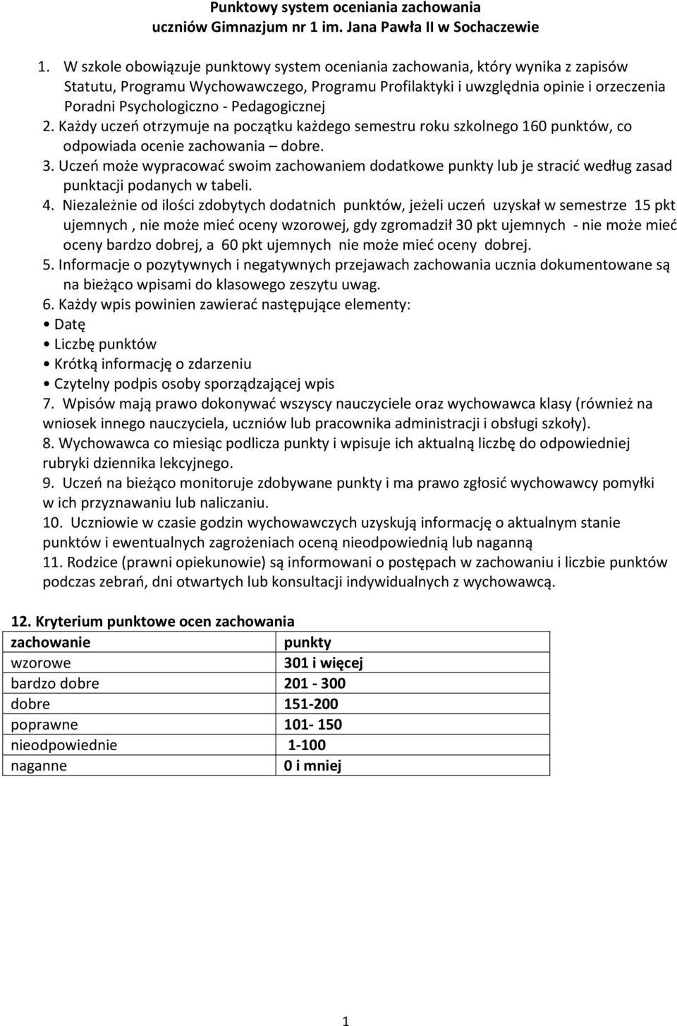 Pedagogicznej 2. Każdy uczeń otrzymuje na początku każdego semestru roku szkolnego 160, co odpowiada ocenie zachowania dobre. 3.